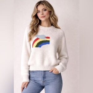 Vintage Hand Knit Rainbow Sweater White Cozy Crewneck small